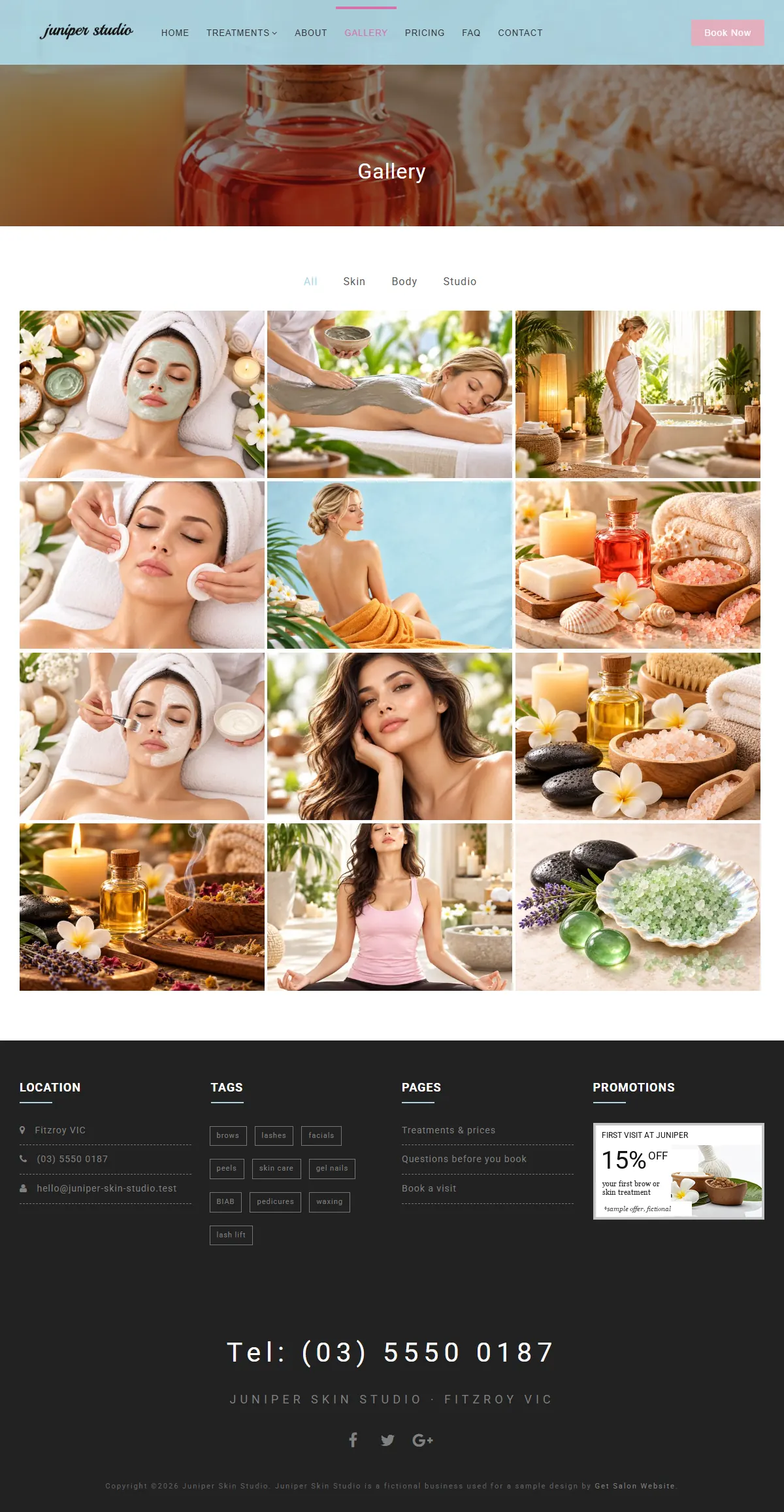 The gallery page of the Juniper Skin Studio salons & spas website design