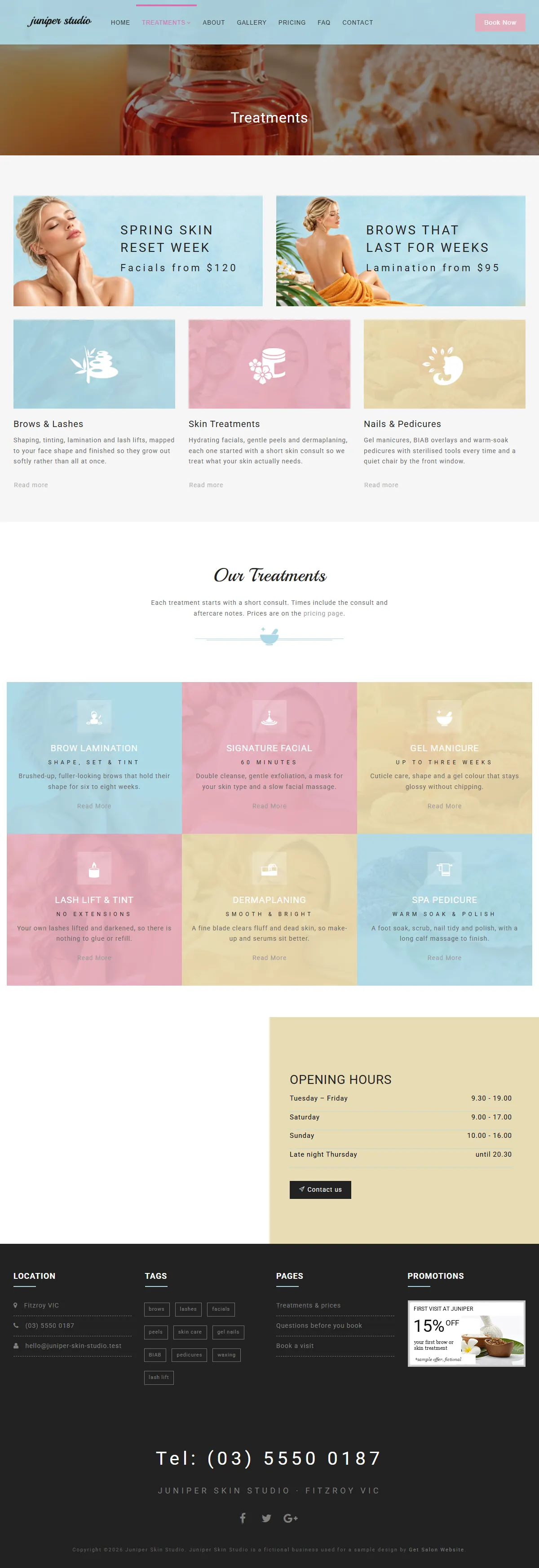 The services page of the Juniper Skin Studio salons & spas website design