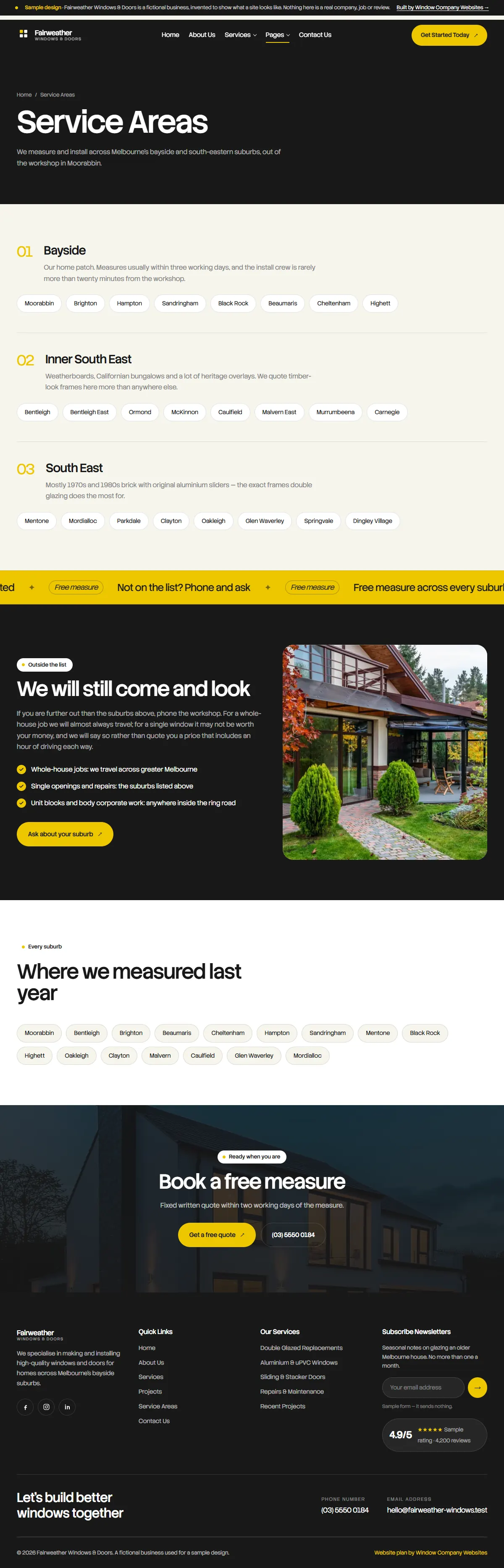 The service areas page of the Fairweather Windows & Doors windows & doors website design
