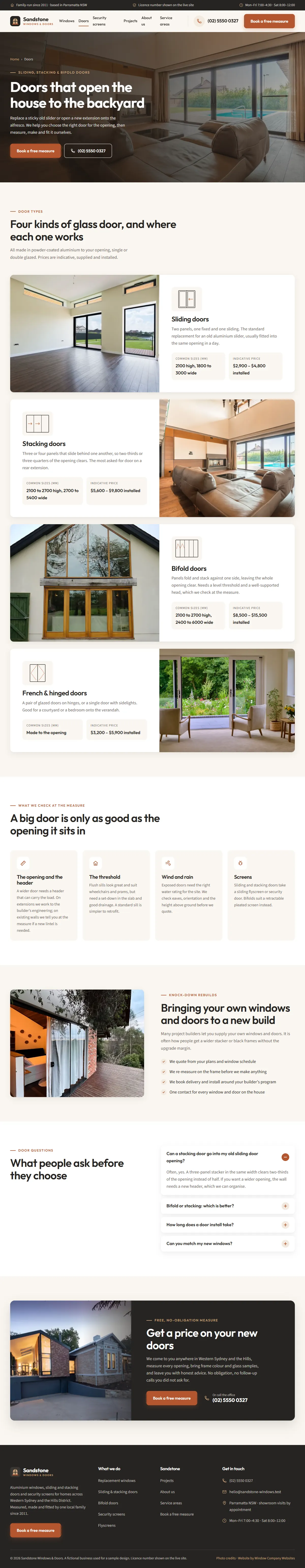 The doors page of the Sandstone Windows & Doors windows & doors website design
