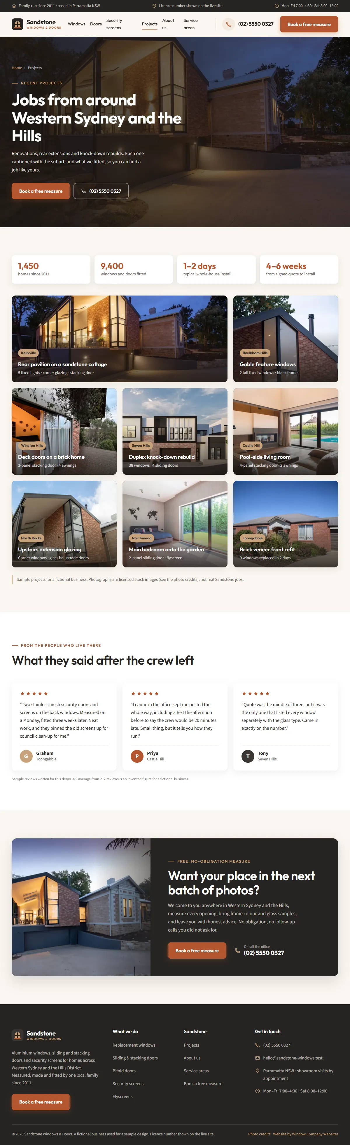 The projects page of the Sandstone Windows & Doors windows & doors website design