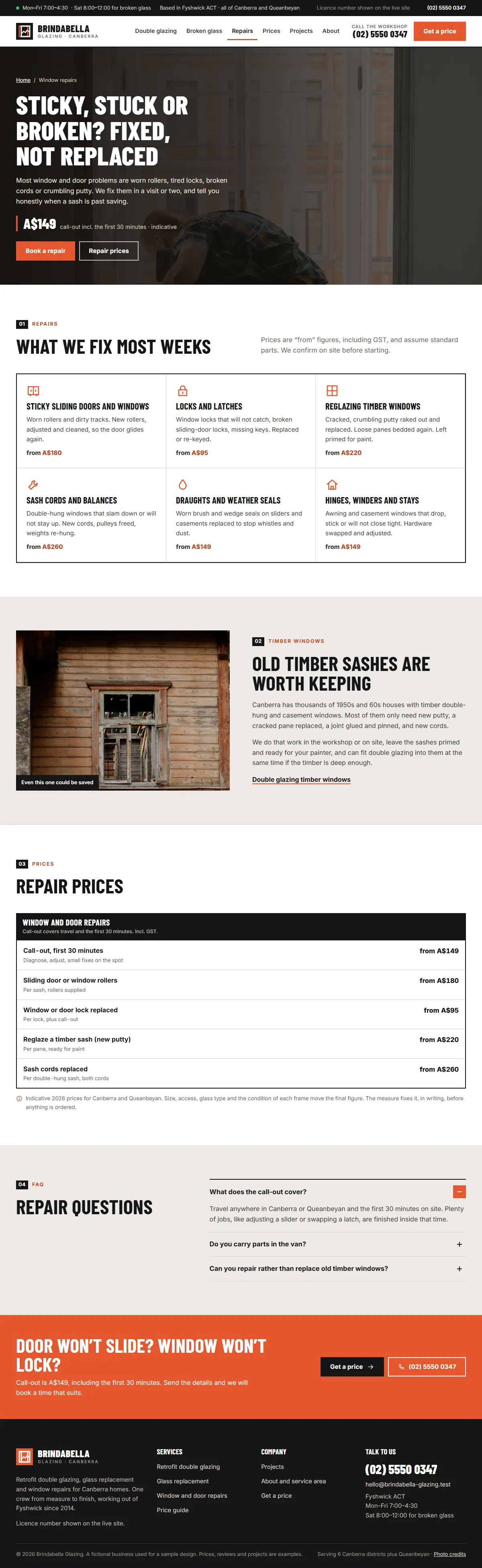 The window repairs page of the Brindabella Glazing windows & doors website design