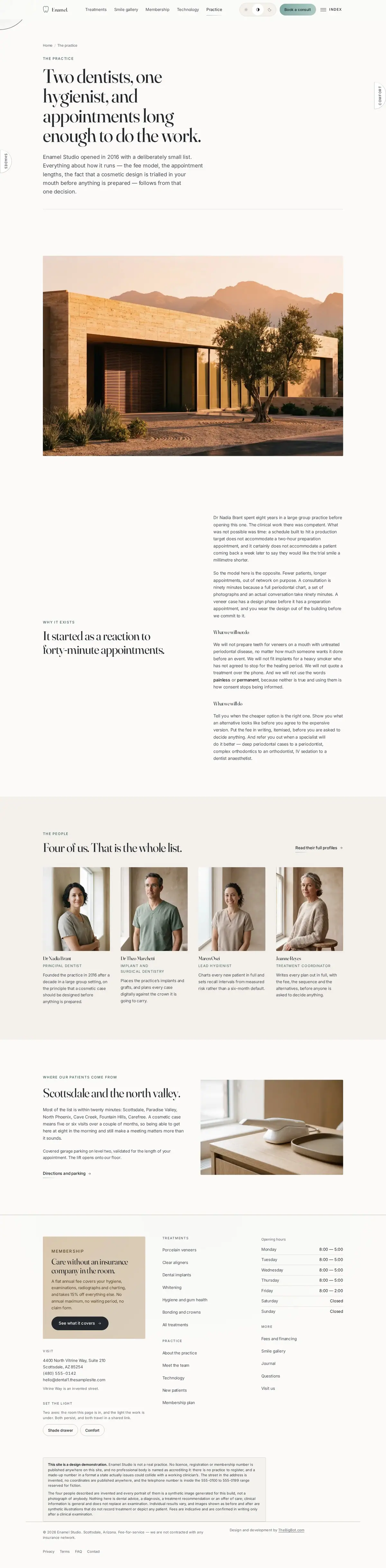 The about page of the Enamel Studio dental website design