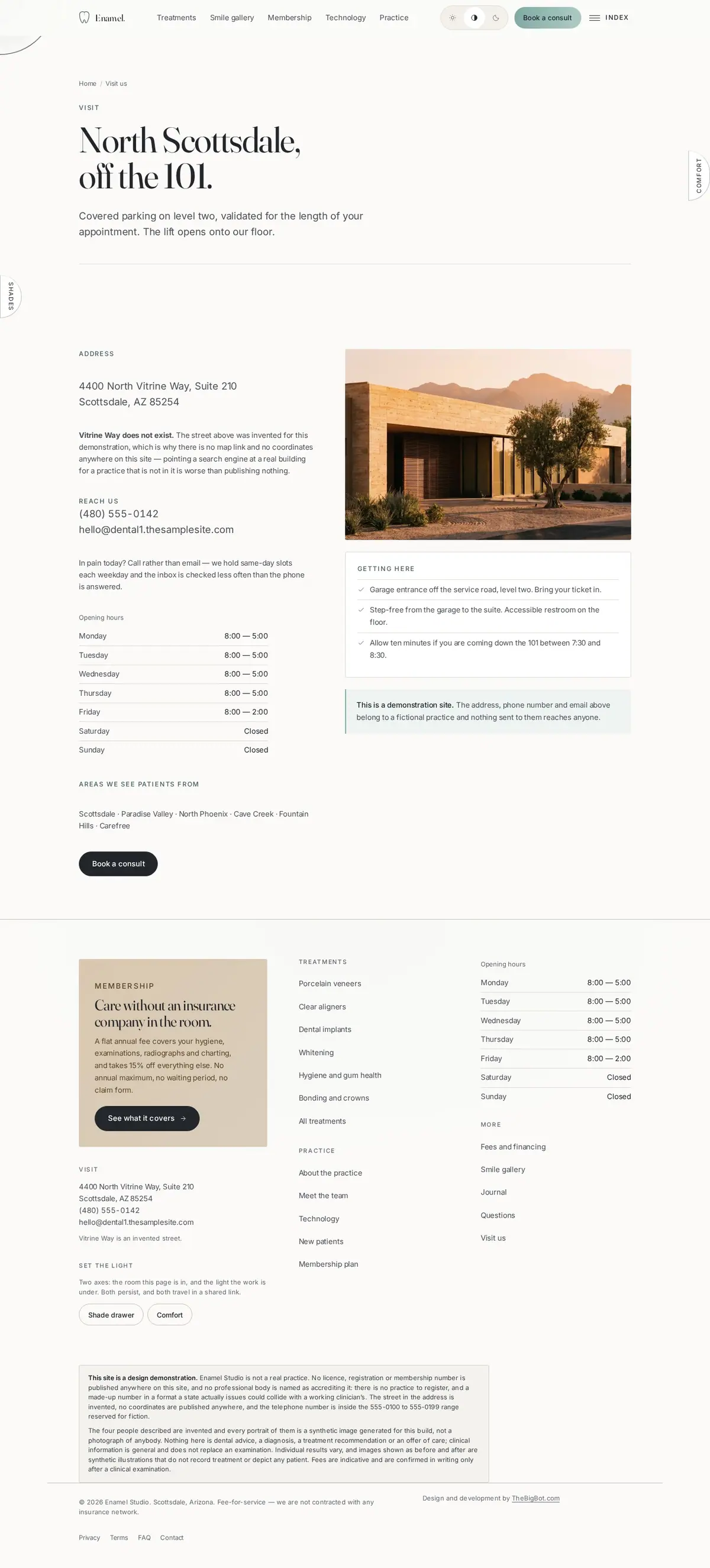 The contact page of the Enamel Studio dental website design