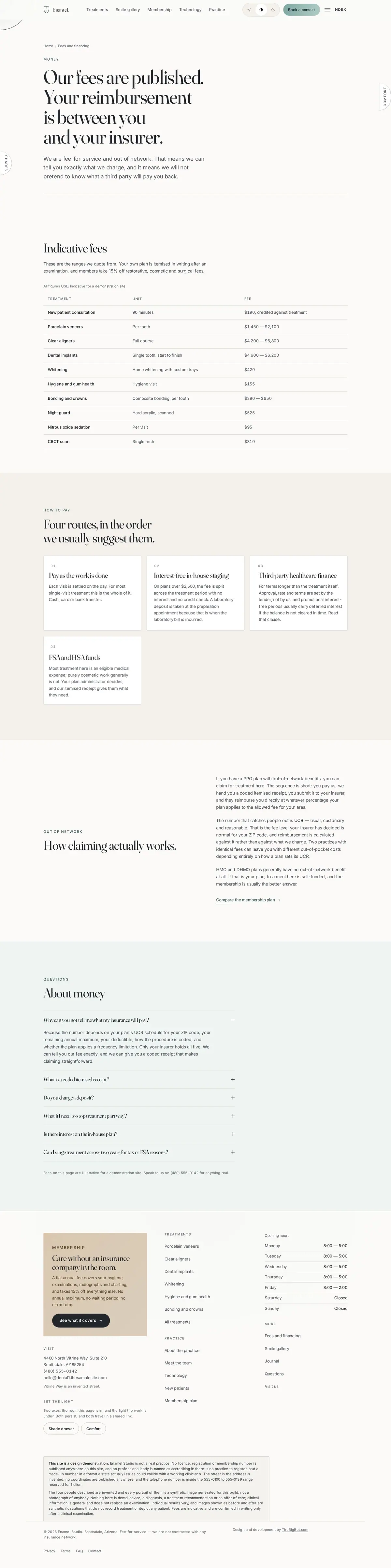 The financing page of the Enamel Studio dental website design