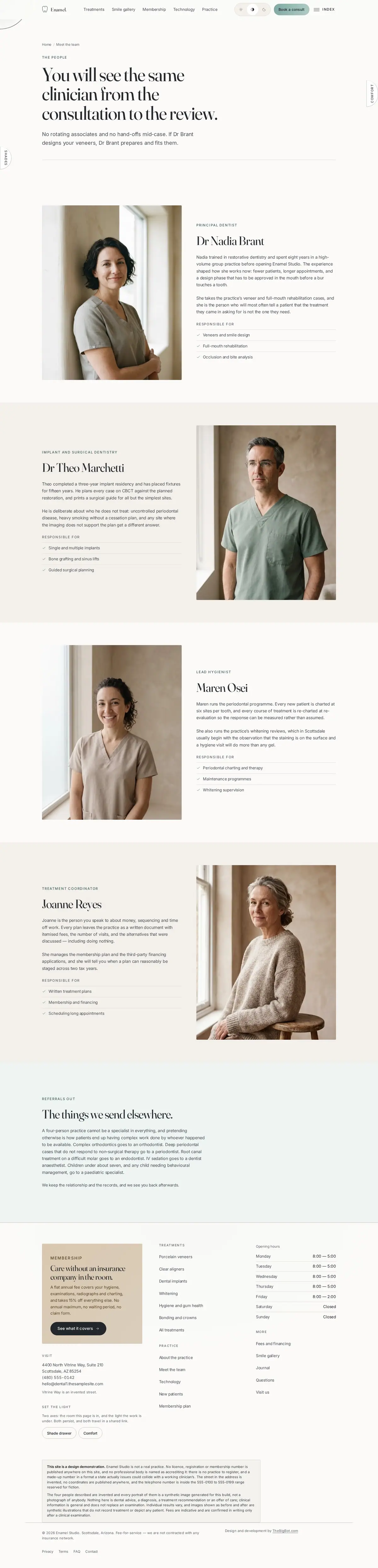 The meet the team page of the Enamel Studio dental website design