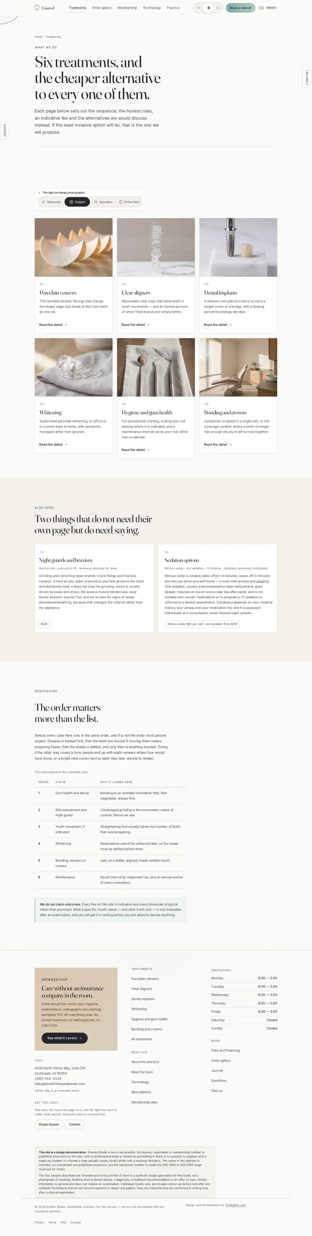 The treatments page of the Enamel Studio dental website design