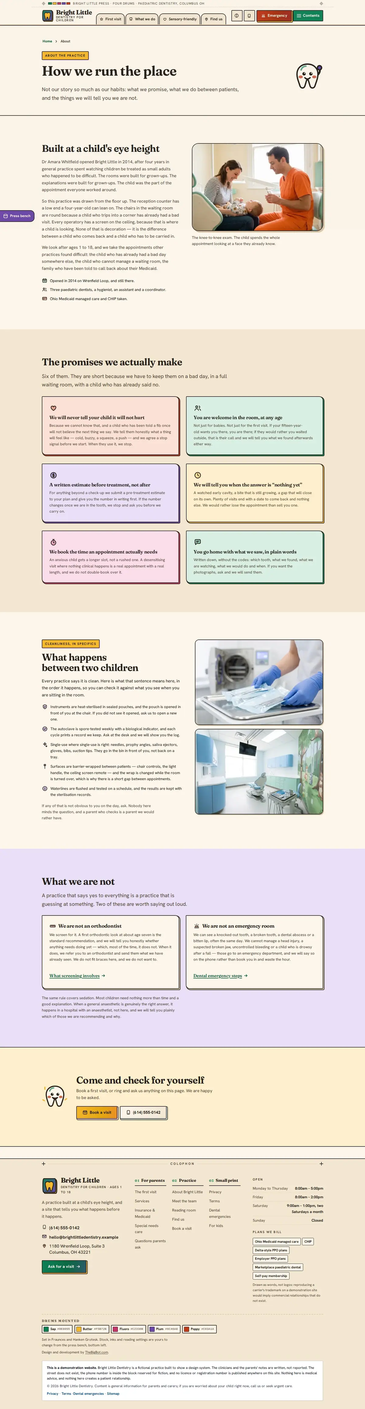 The about page of the Bright Little Dentistry dental website design