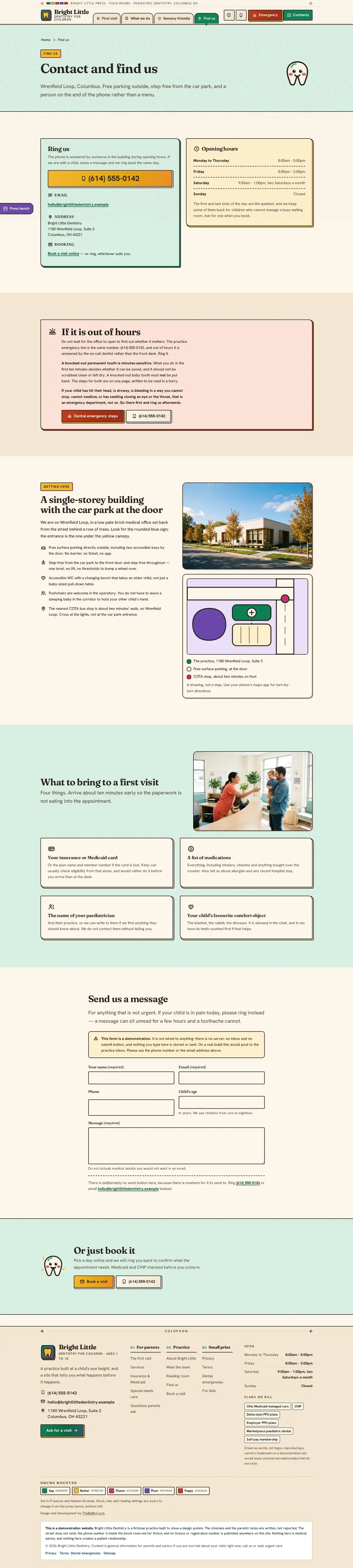 The contact page of the Bright Little Dentistry dental website design