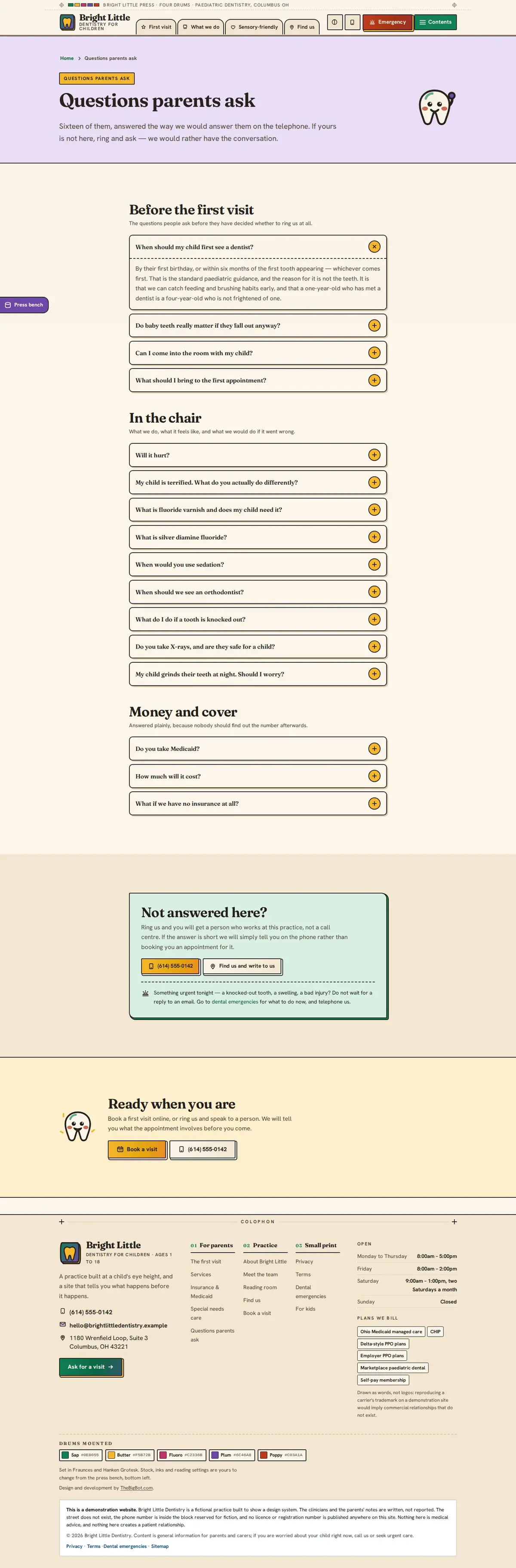 The faq page of the Bright Little Dentistry dental website design