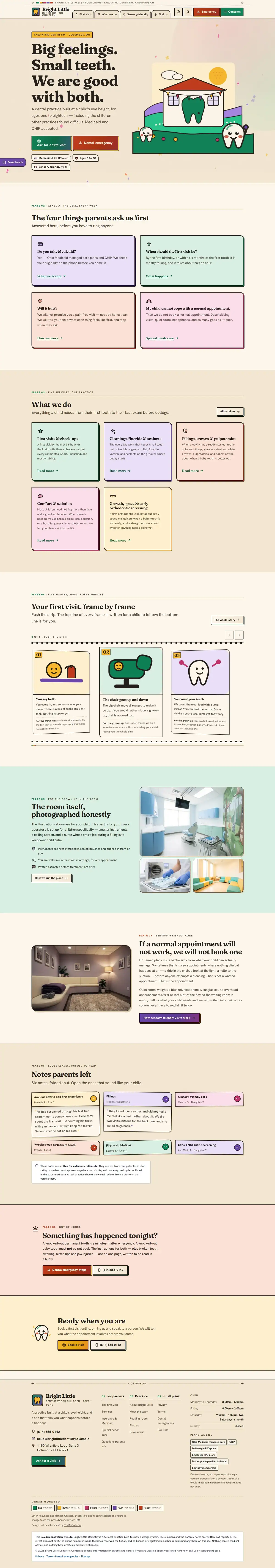 The home page of the Bright Little Dentistry dental website design