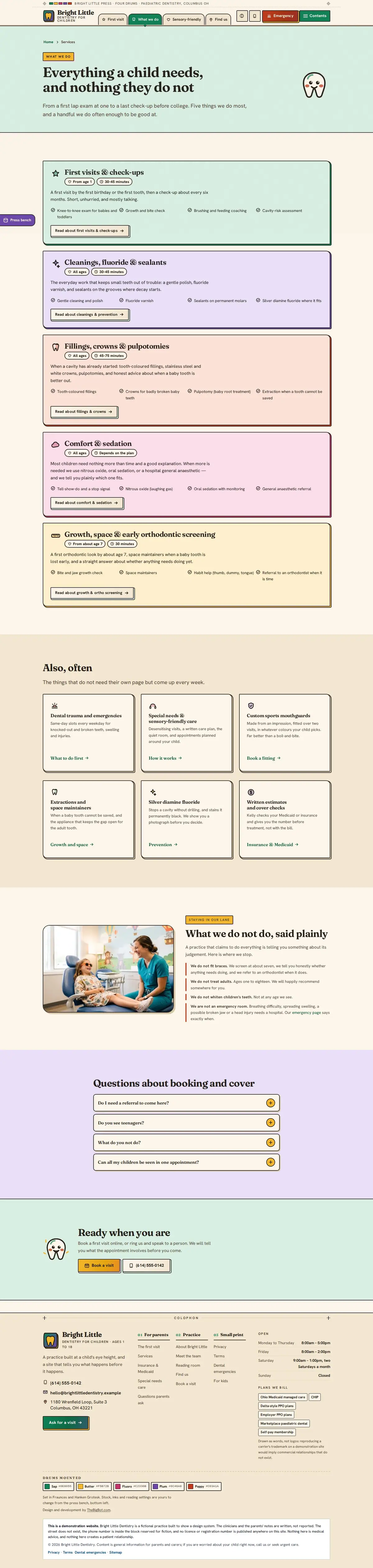 The services page of the Bright Little Dentistry dental website design