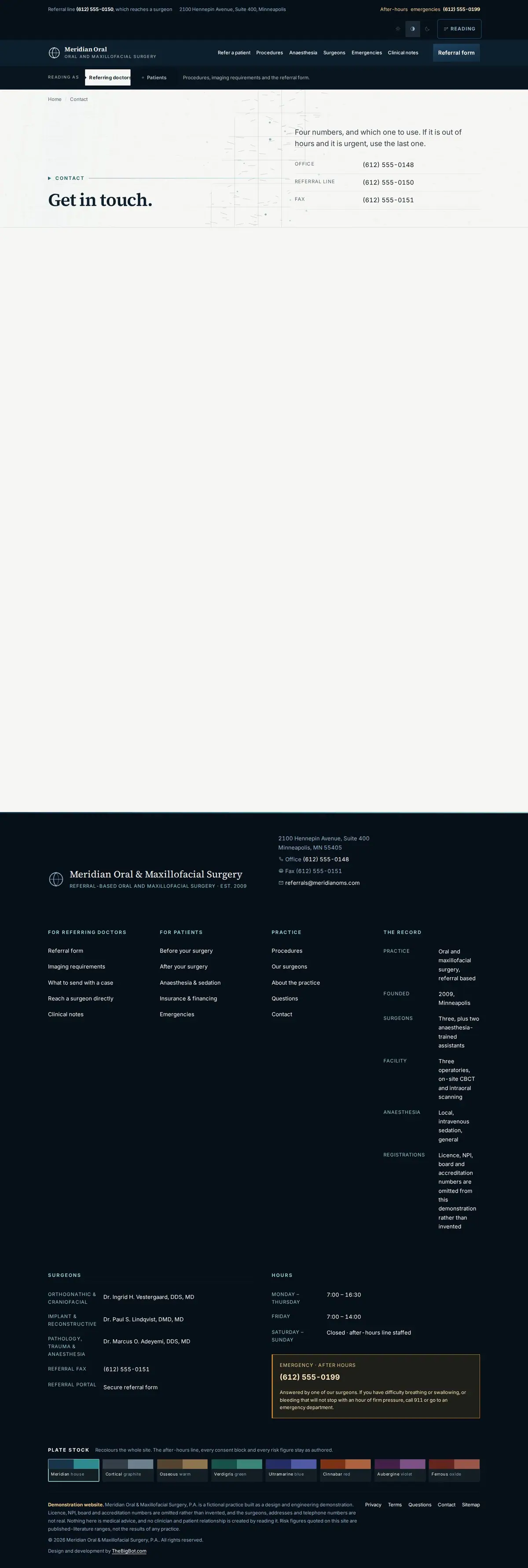 The contact page of the Meridian Oral Surgery dental website design