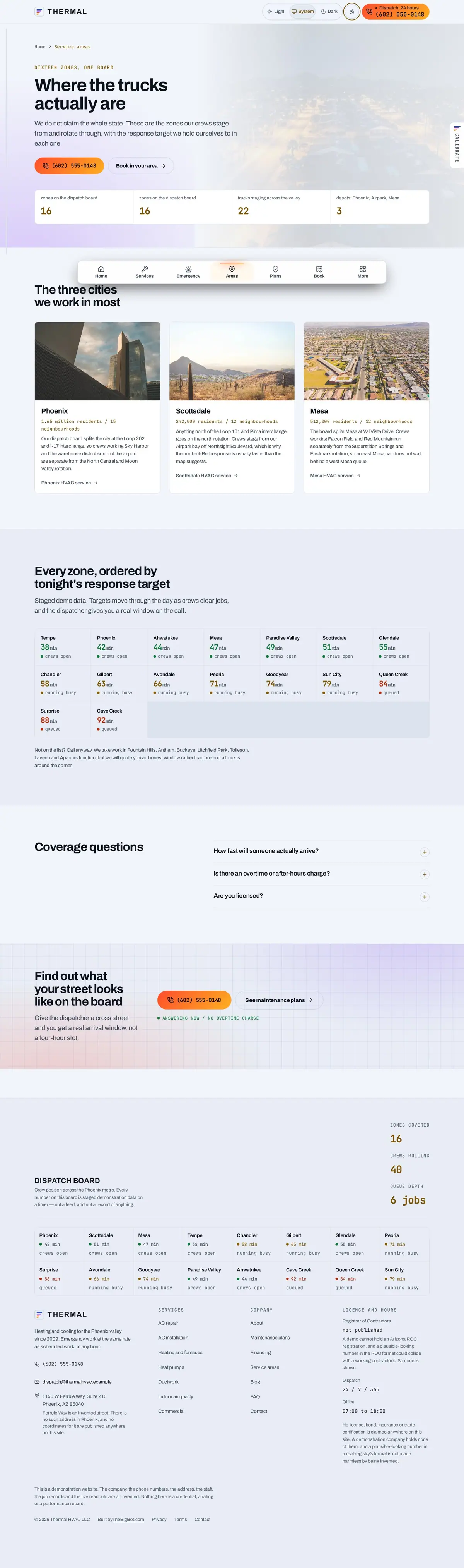 The service areas page of the Thermal hvac website design