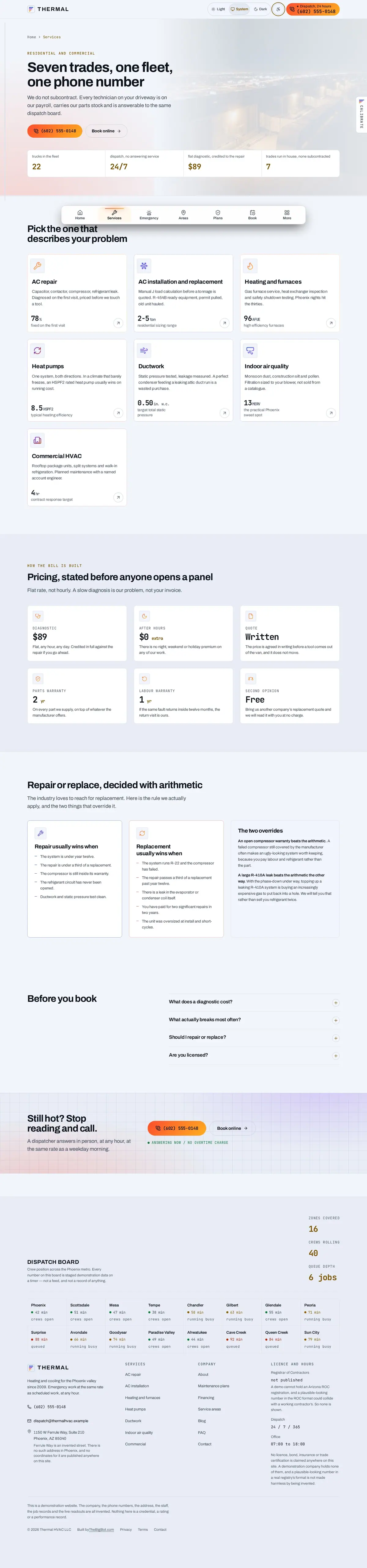 The services page of the Thermal hvac website design