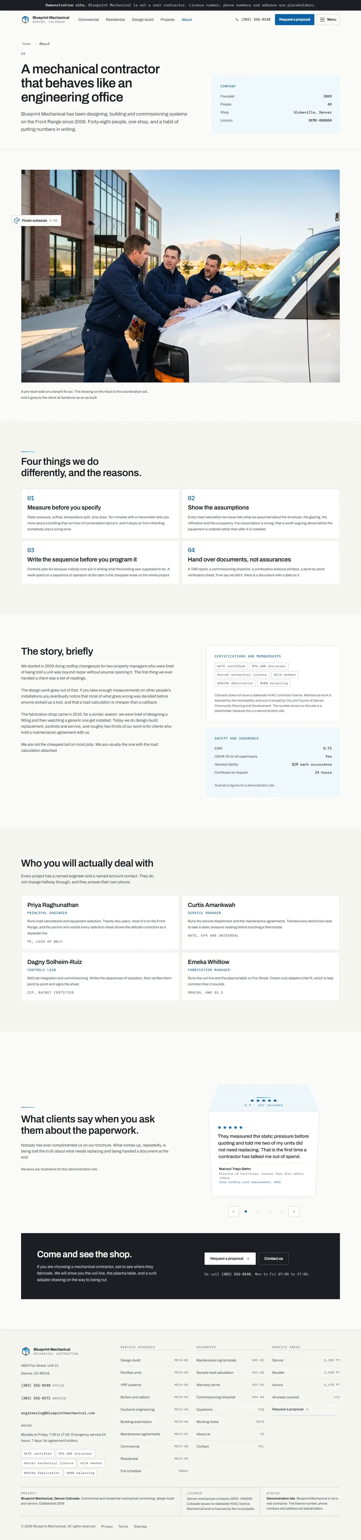 The about page of the Blueprint Mechanical hvac website design
