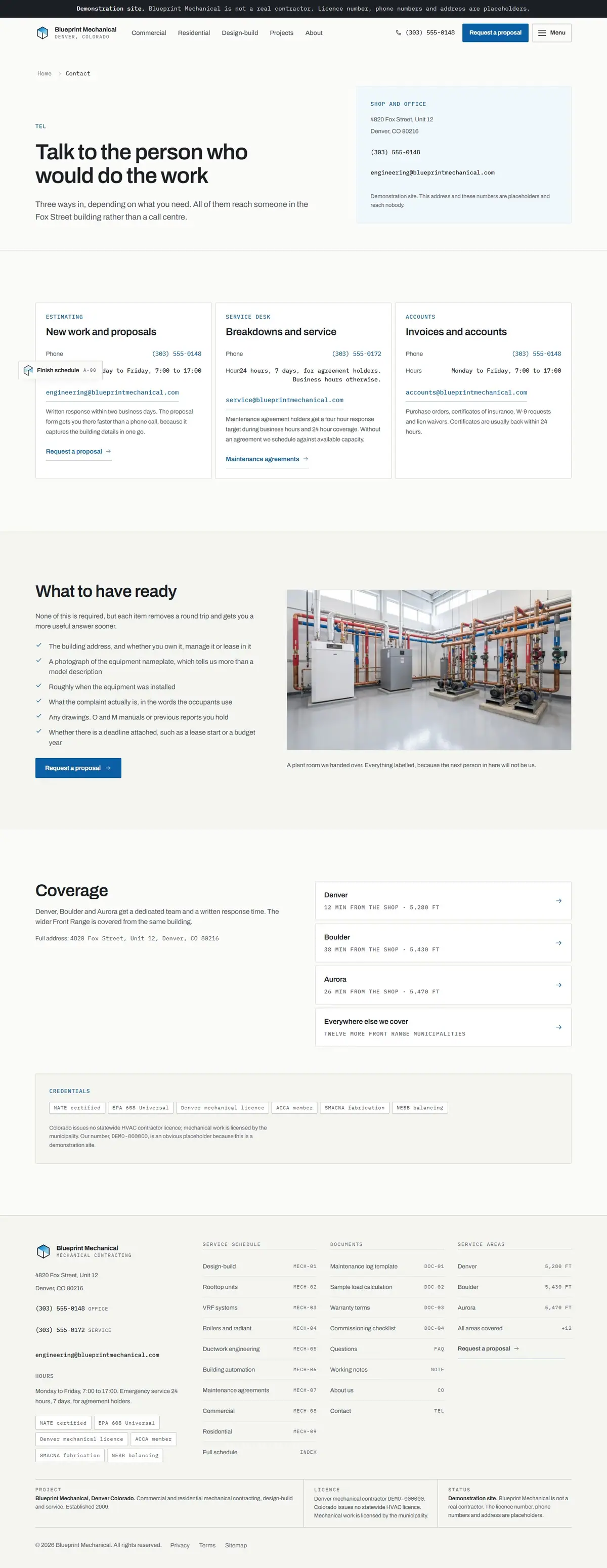 The contact page of the Blueprint Mechanical hvac website design