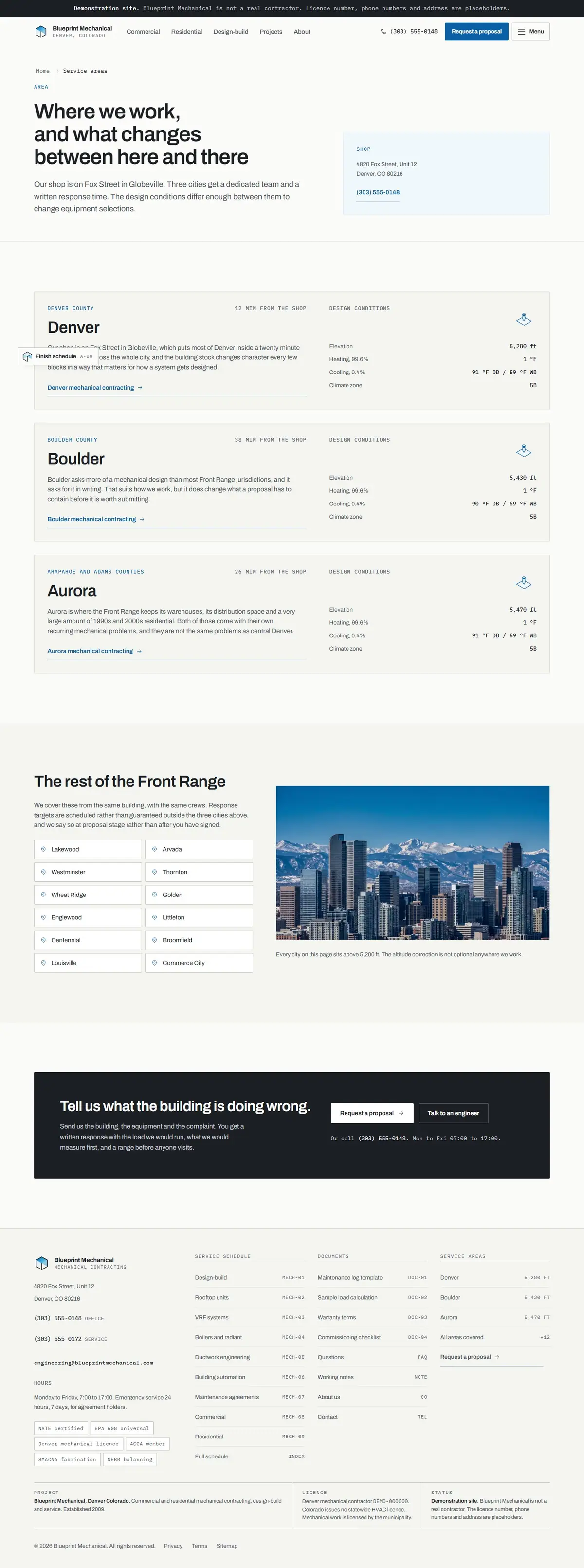 The service areas page of the Blueprint Mechanical hvac website design
