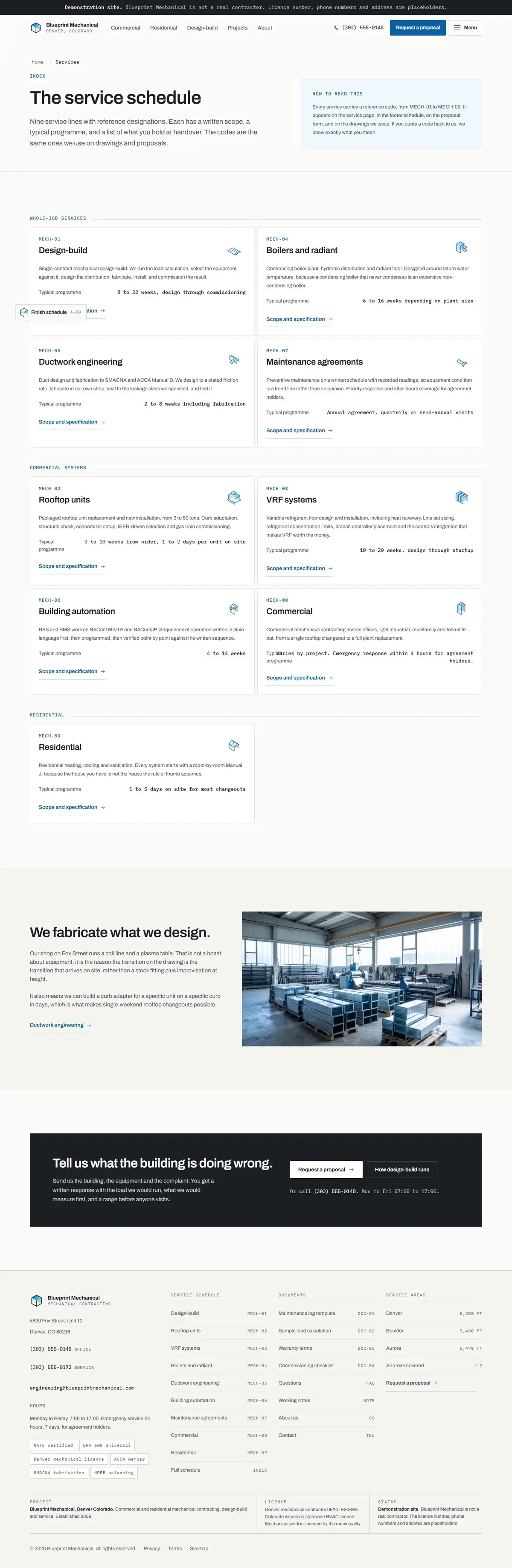 The services page of the Blueprint Mechanical hvac website design