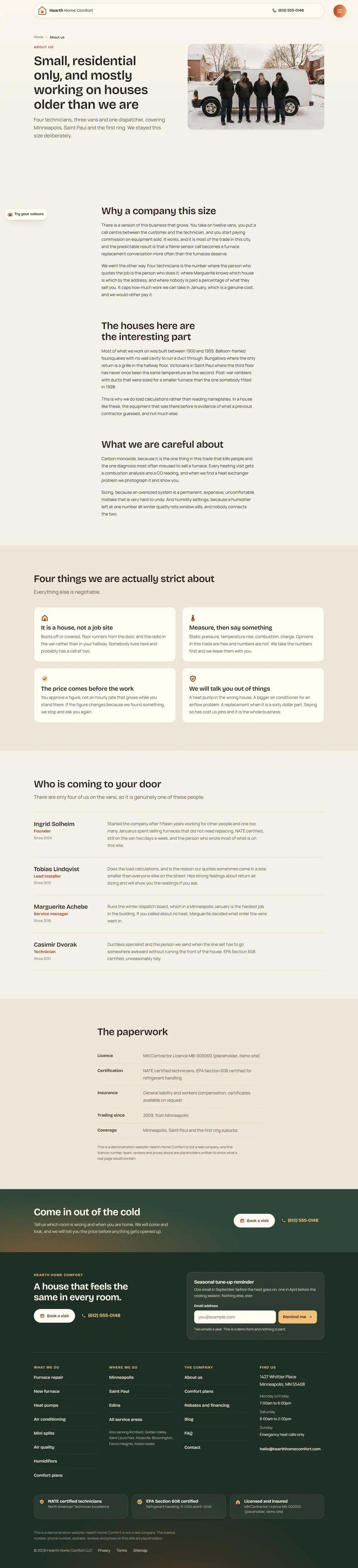 The about page of the Hearth hvac website design