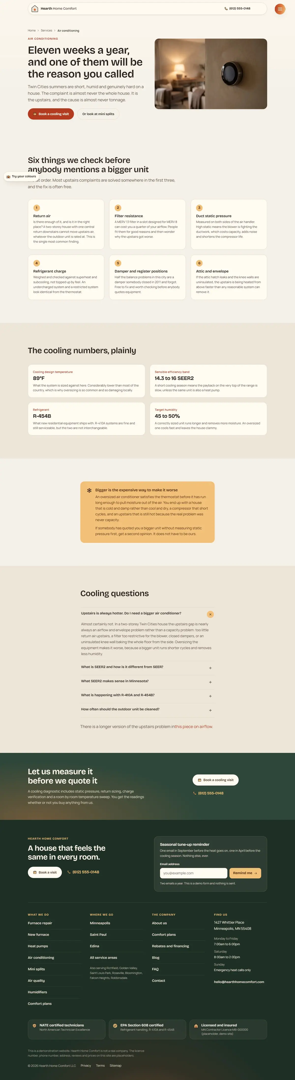 The air conditioning page of the Hearth hvac website design