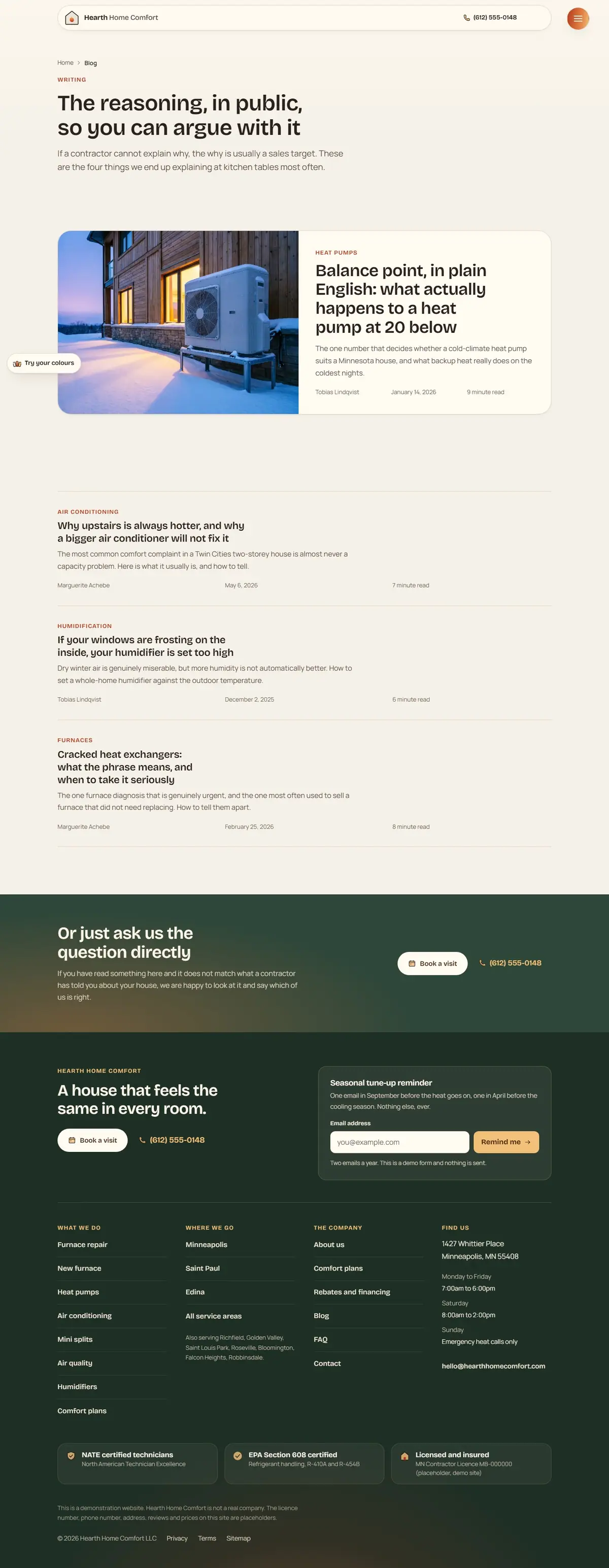 The blog page of the Hearth hvac website design