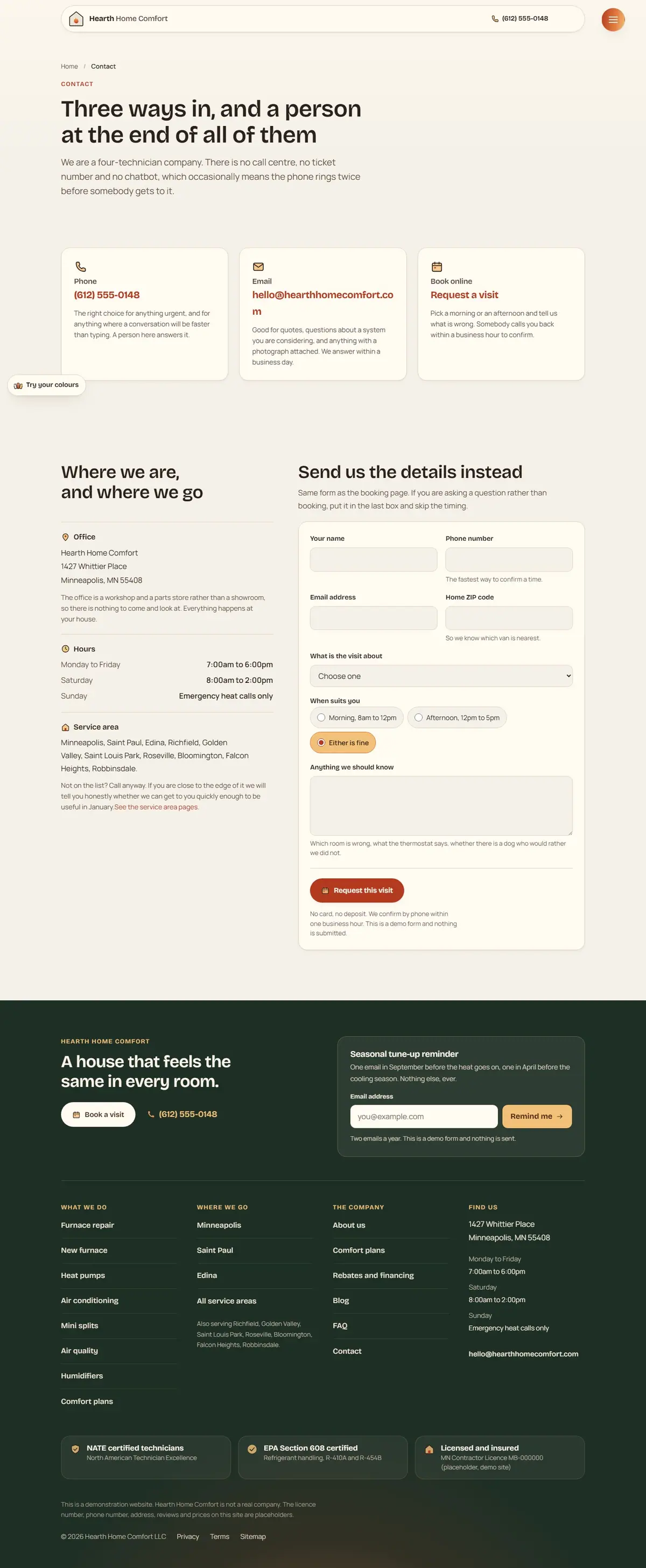 The contact page of the Hearth hvac website design