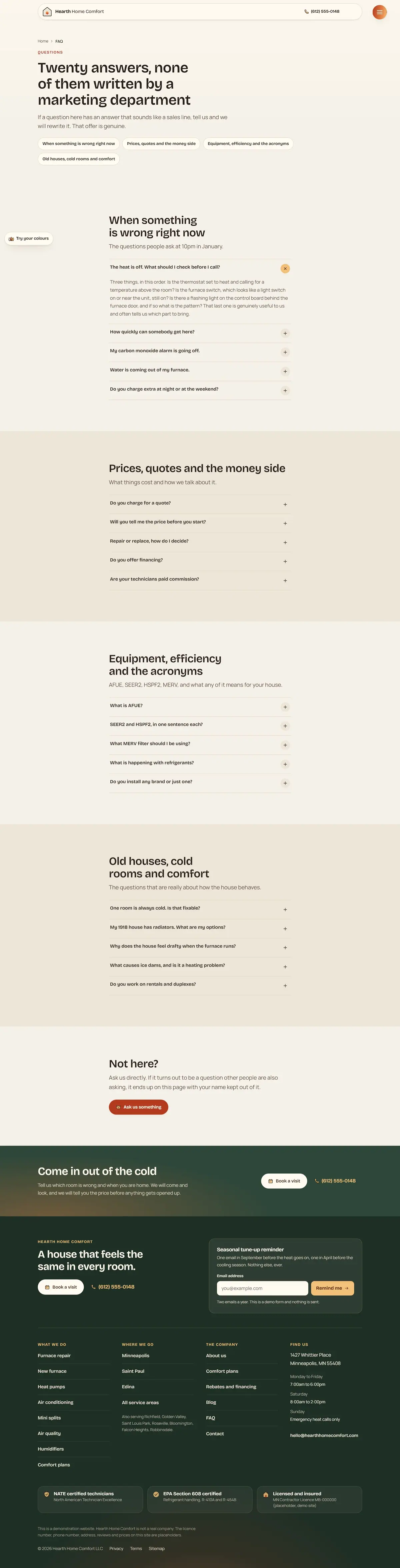 The faq page of the Hearth hvac website design
