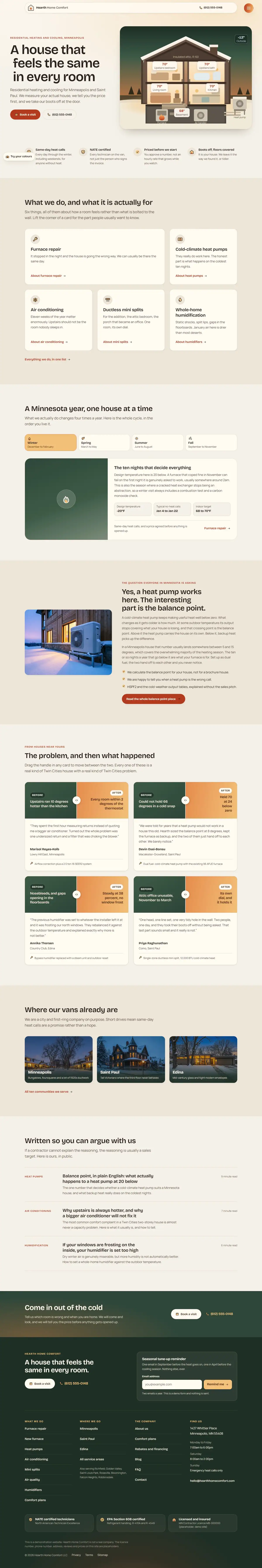 The home page of the Hearth hvac website design