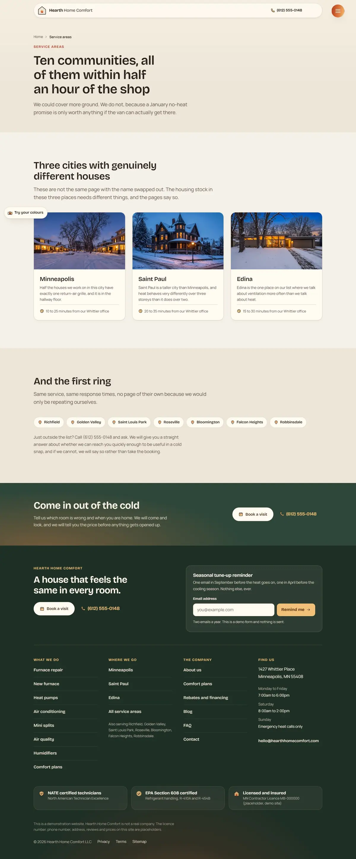 The service areas page of the Hearth hvac website design