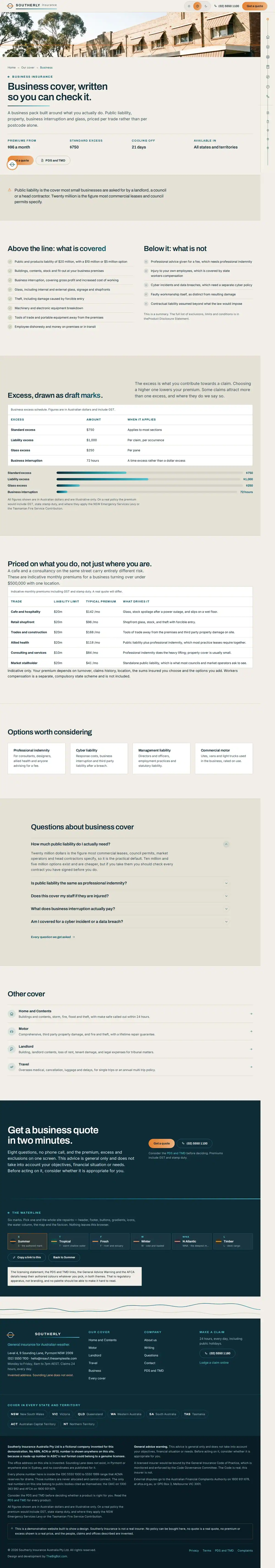 The business page of the Southerly general insurance website design