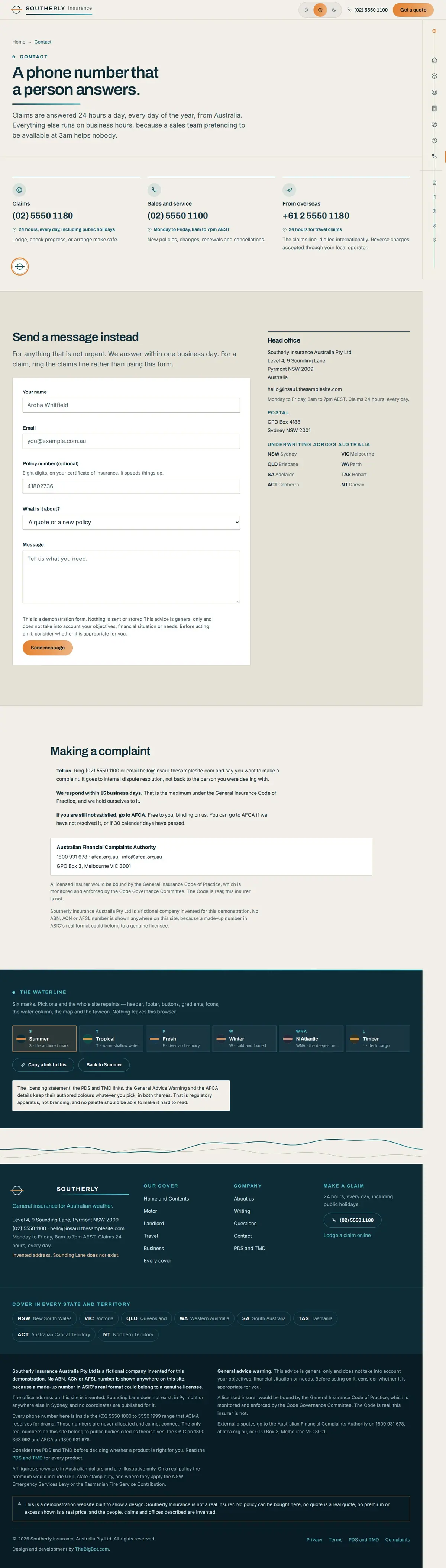 The contact page of the Southerly general insurance website design
