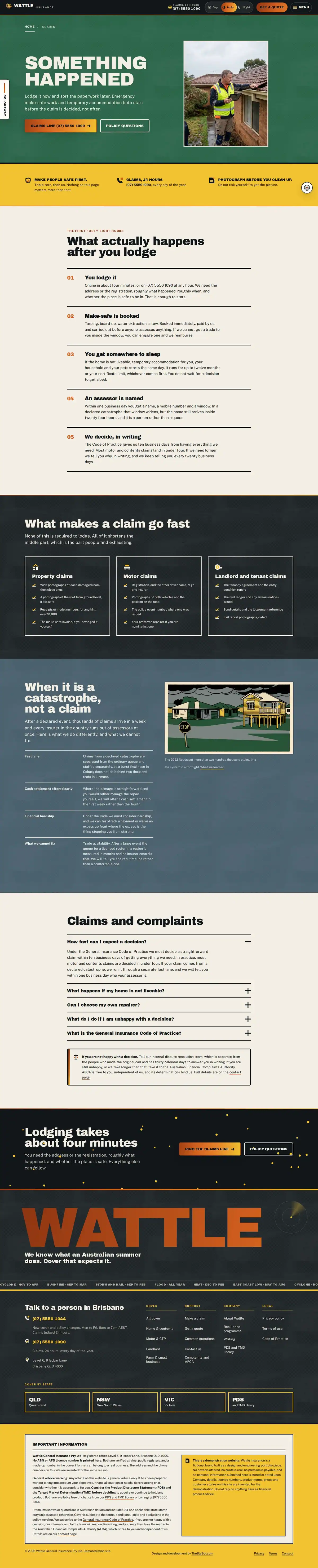 The claims page of the Wattle general insurance website design