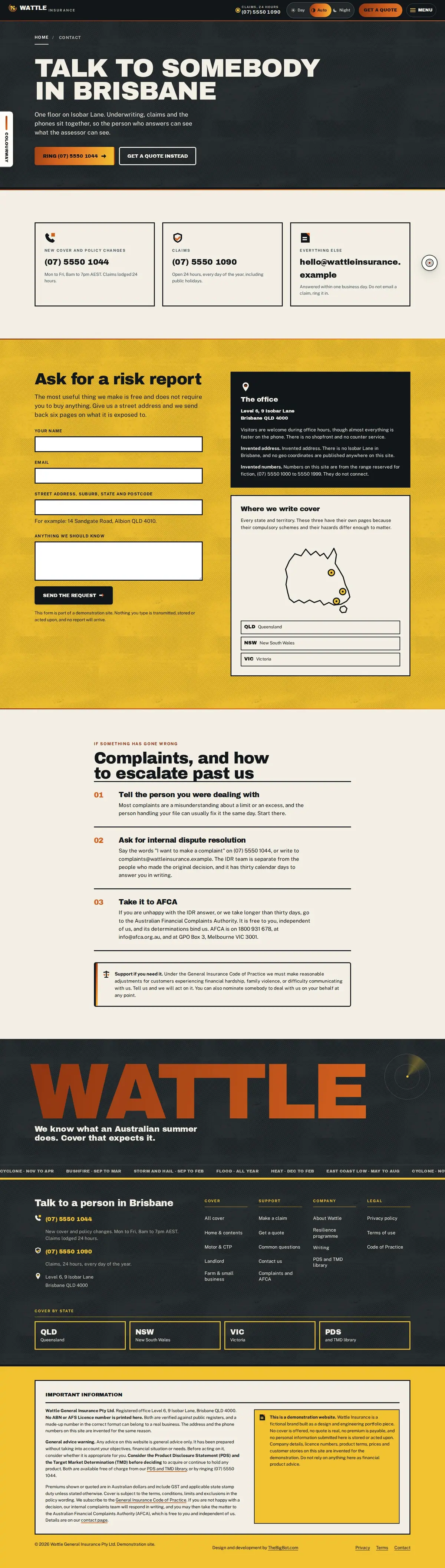 The contact page of the Wattle general insurance website design