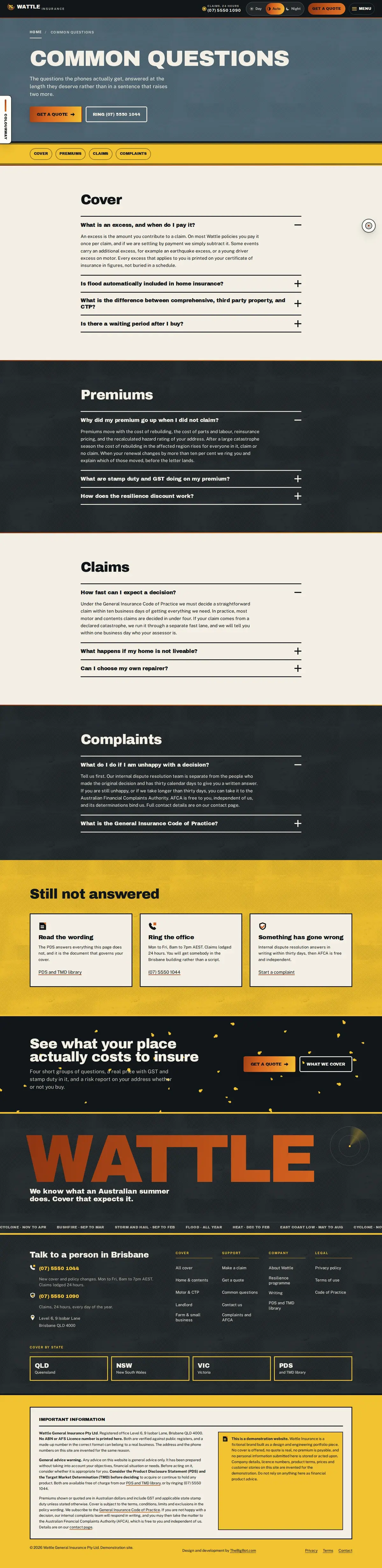 The faq page of the Wattle general insurance website design