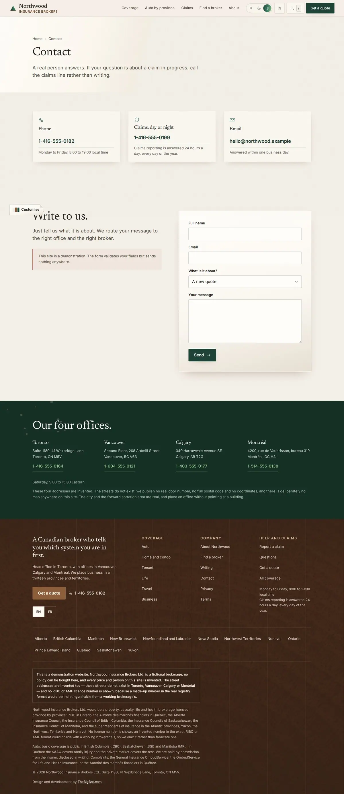 The contact page of the Northwood general insurance website design