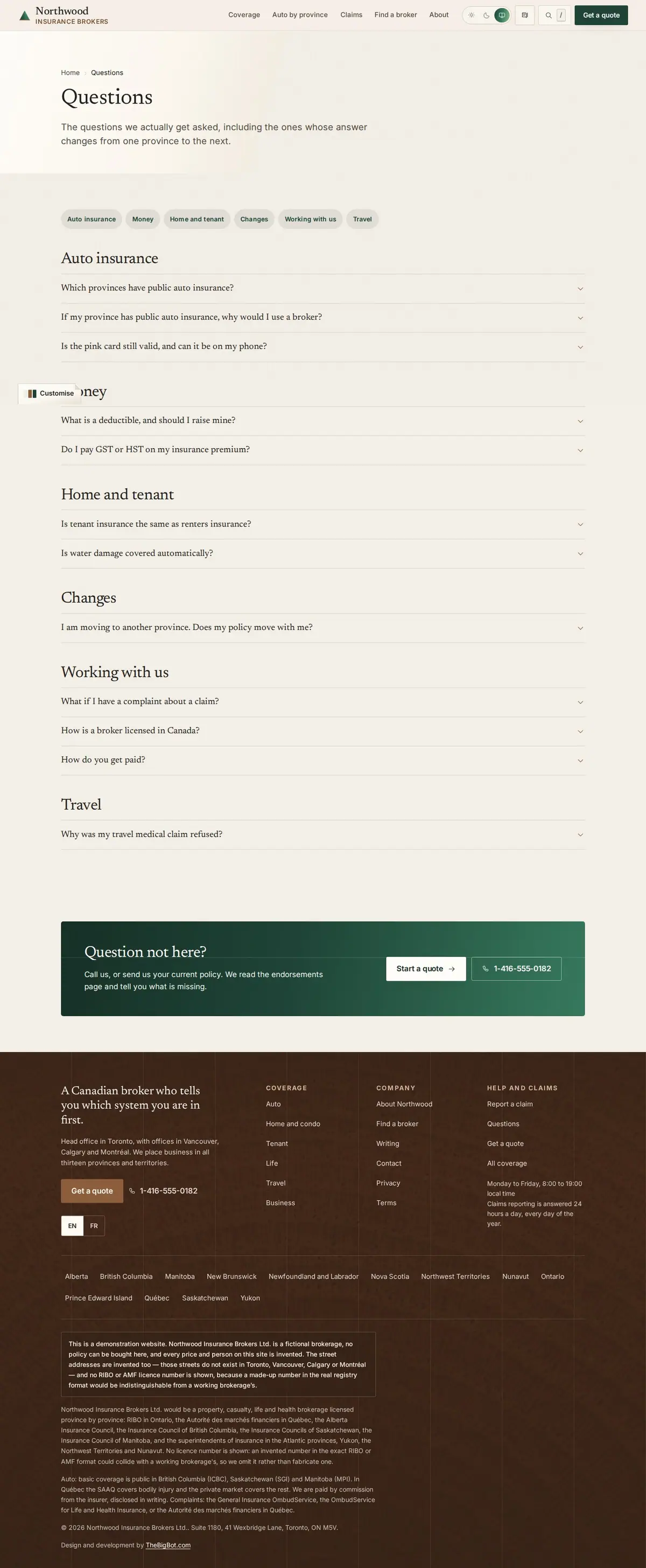 The faq page of the Northwood general insurance website design