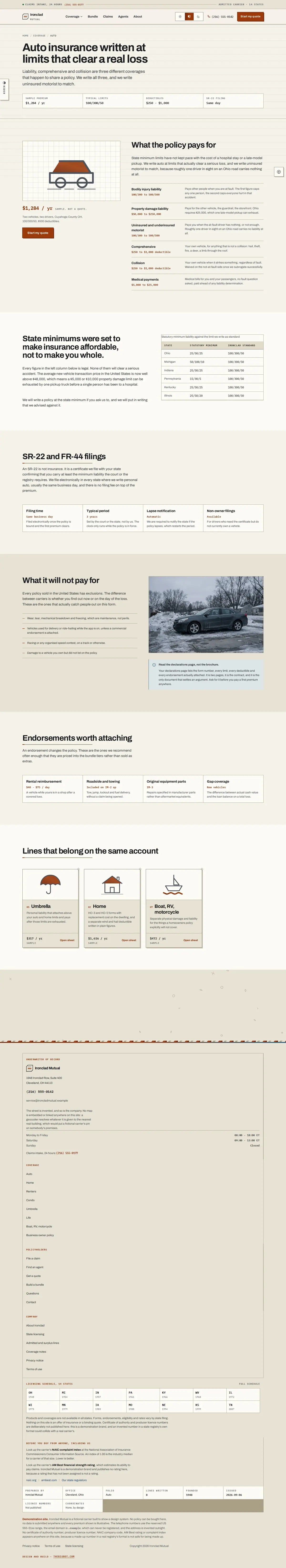 The auto page of the Ironclad Mutual general insurance website design