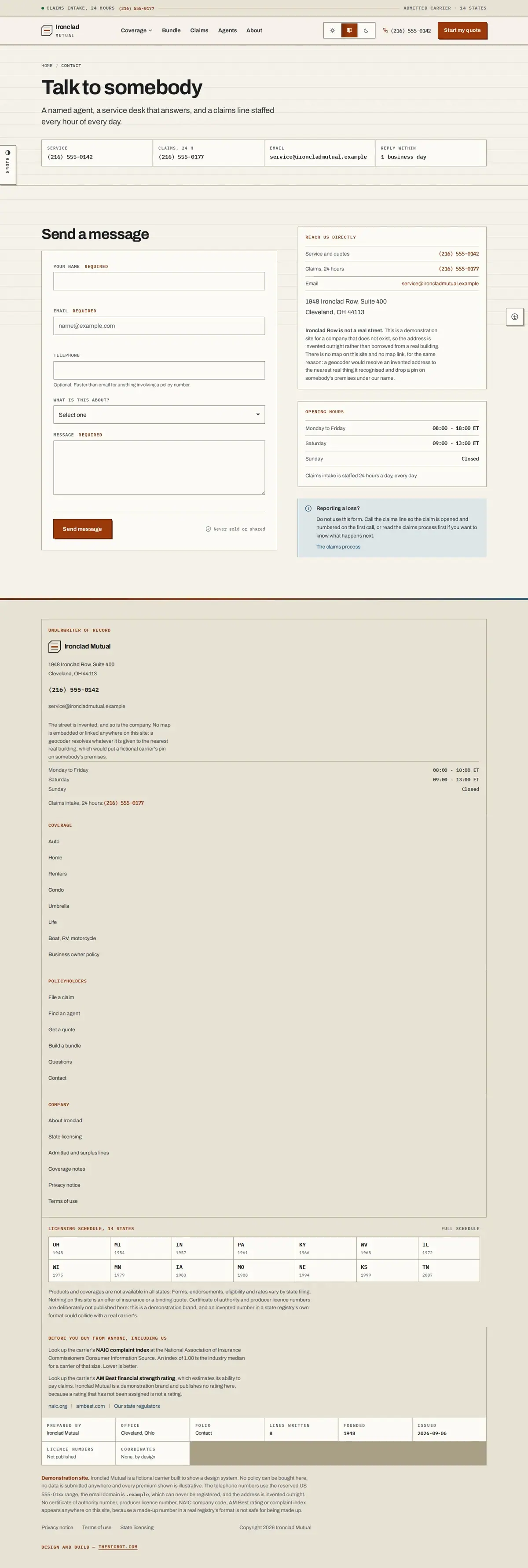 The contact page of the Ironclad Mutual general insurance website design