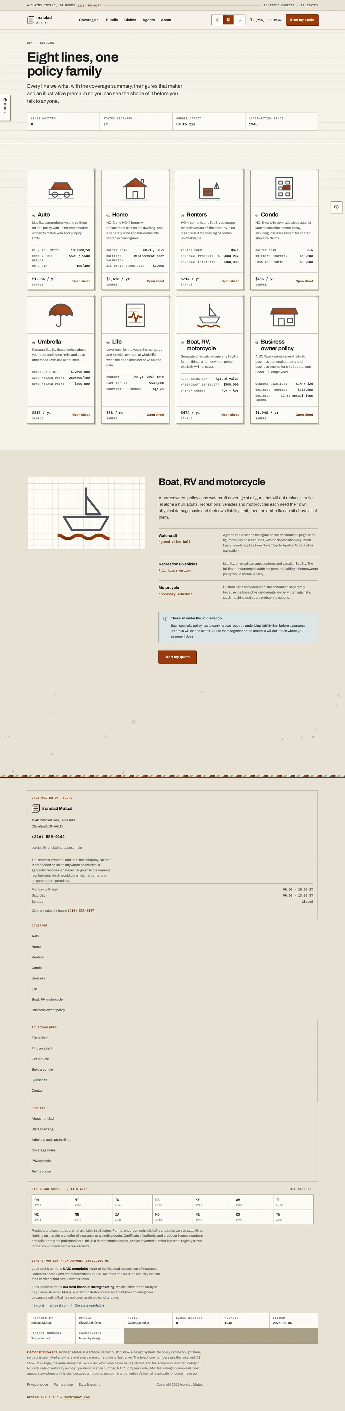 The coverage page of the Ironclad Mutual general insurance website design