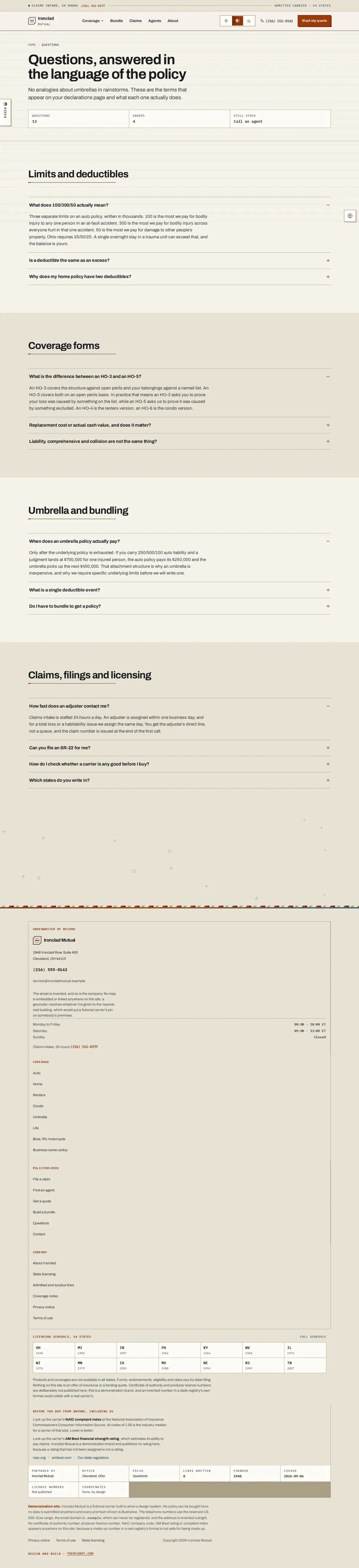 The faq page of the Ironclad Mutual general insurance website design