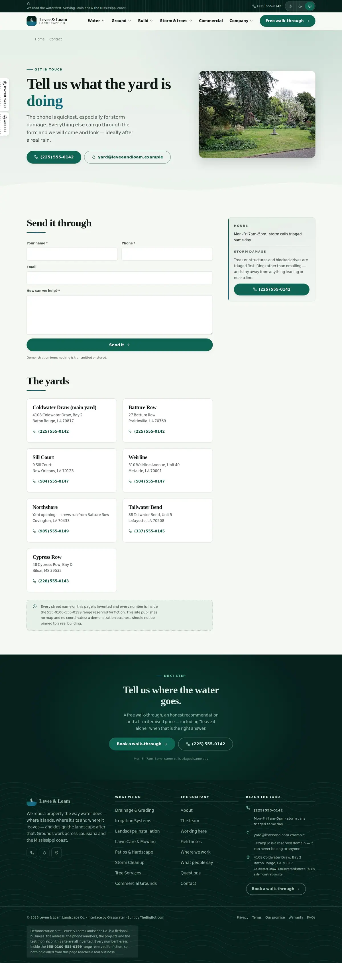The contact page of the Levee & Loam Landscape Co. landscaping website design