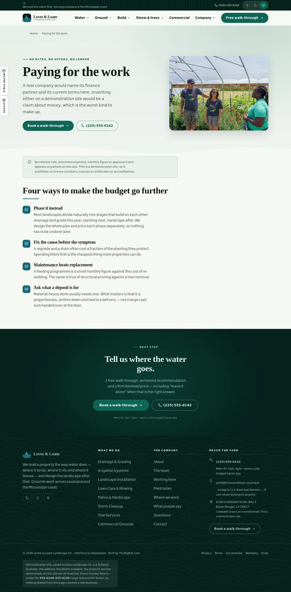 The financing page of the Levee & Loam Landscape Co. landscaping website design