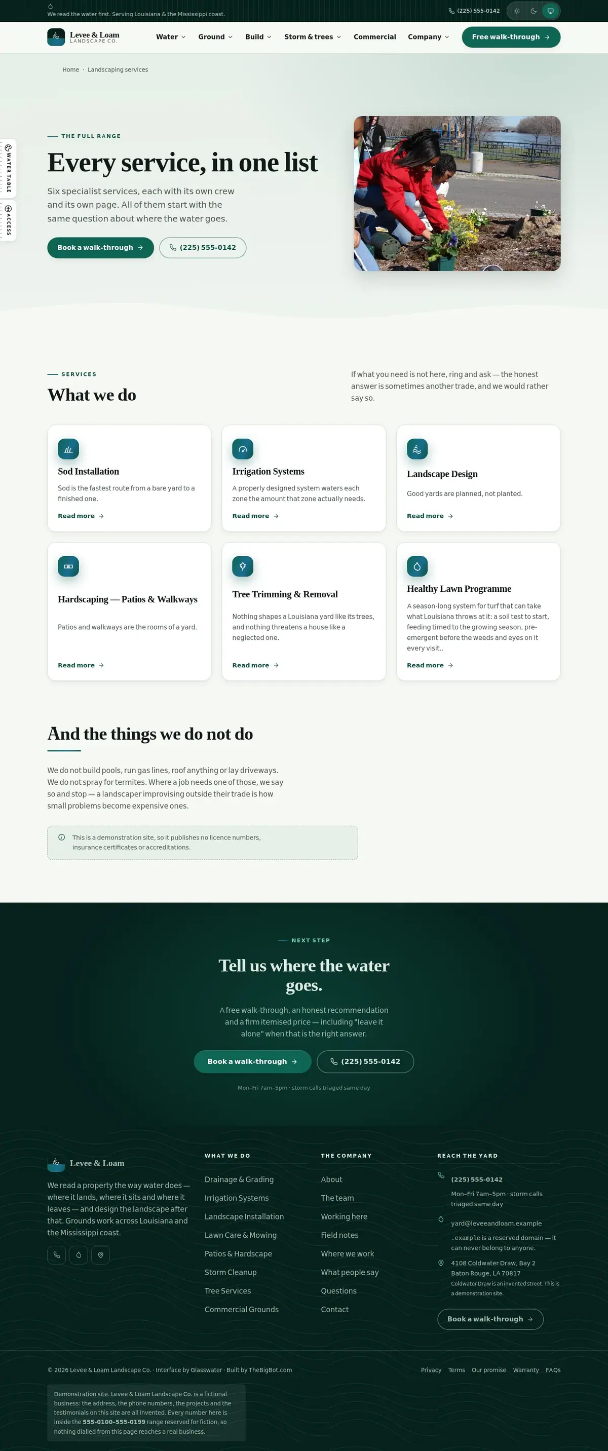 The landscaping services page of the Levee & Loam Landscape Co. landscaping website design