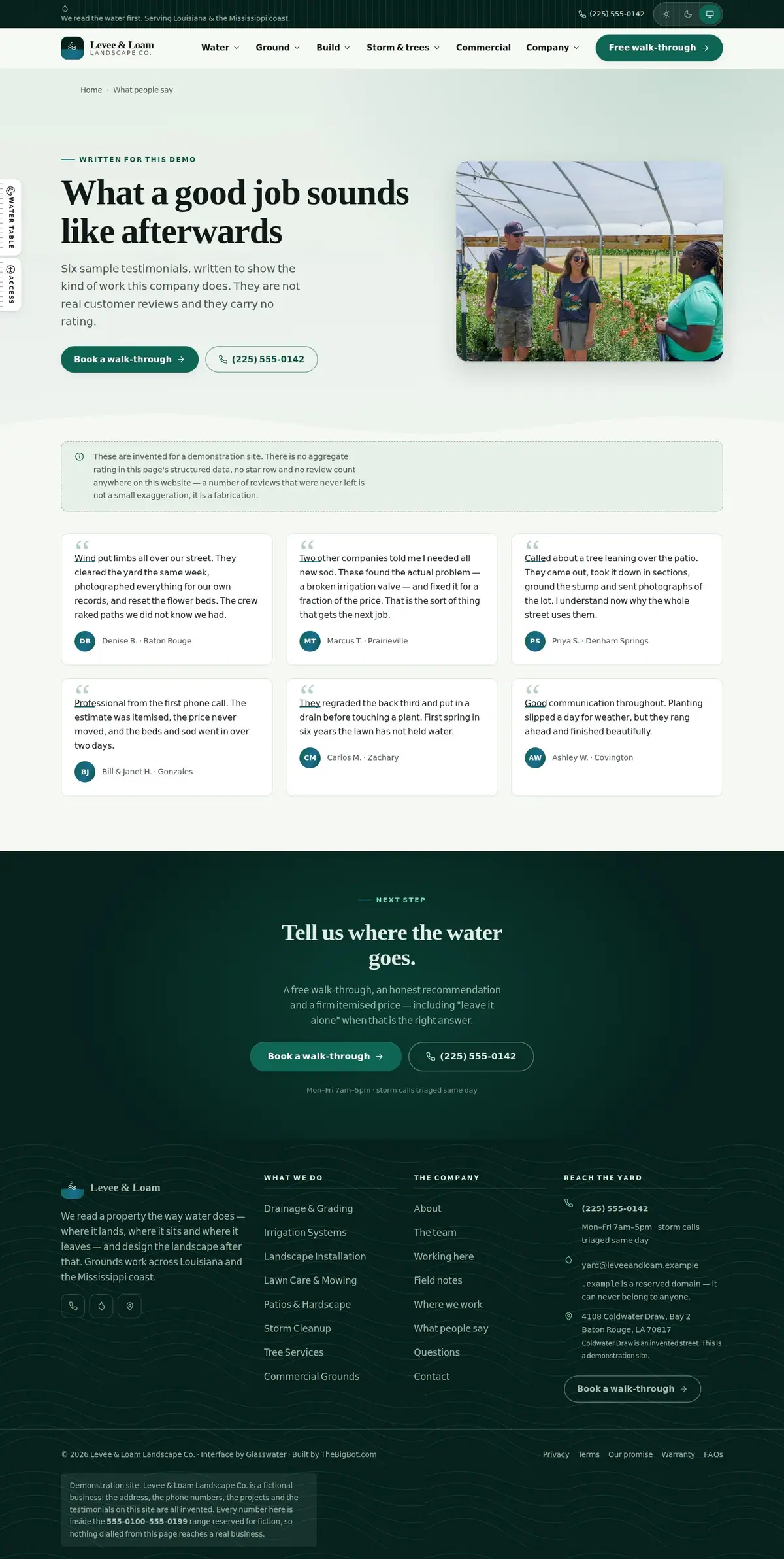 The testimonials page of the Levee & Loam Landscape Co. landscaping website design