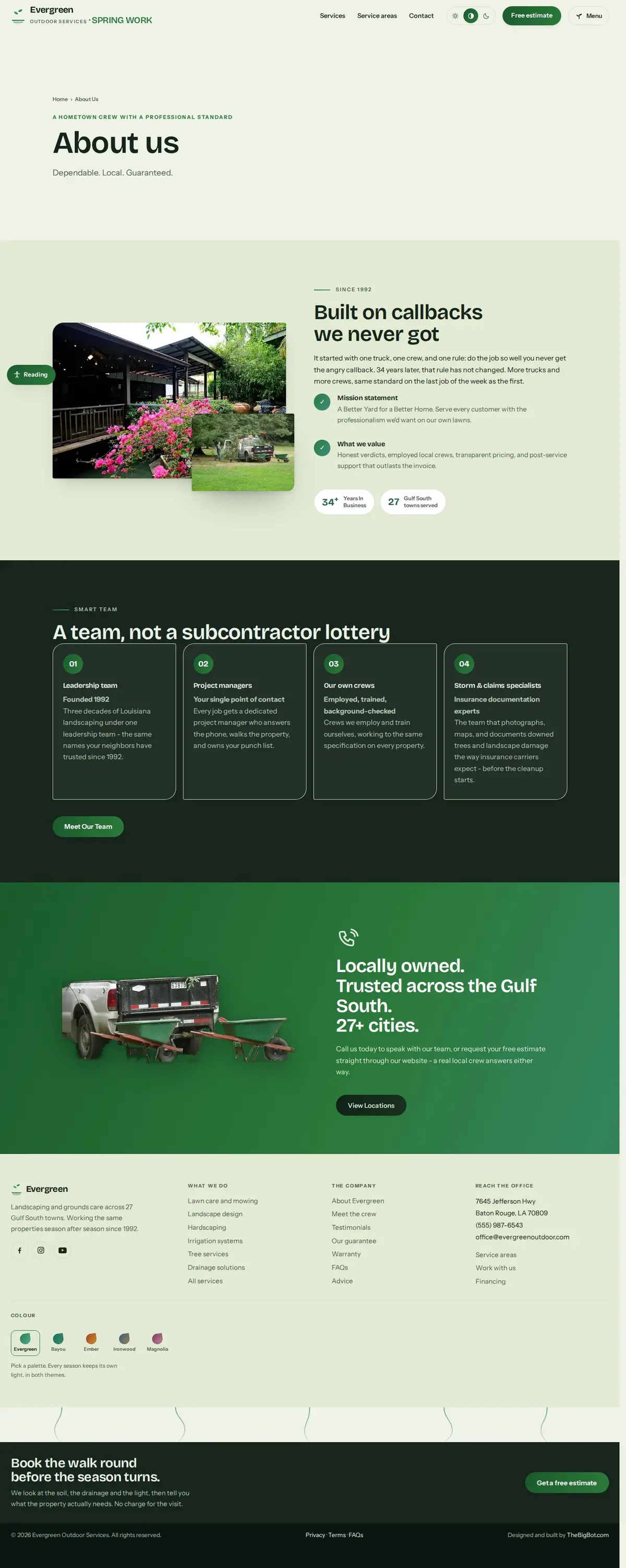 The about page of the Evergreen Outdoor Services landscaping website design
