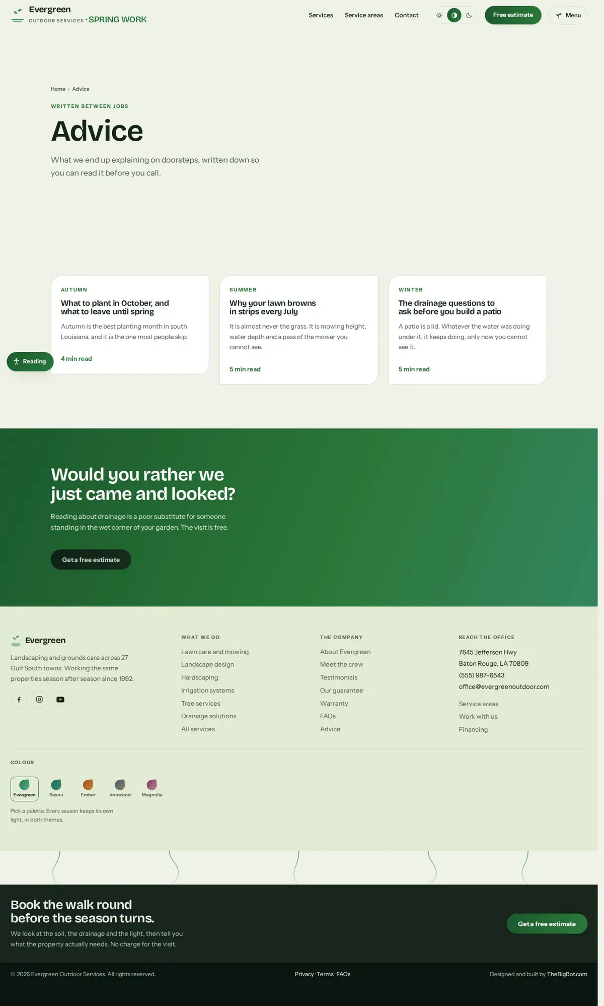 The blog page of the Evergreen Outdoor Services landscaping website design