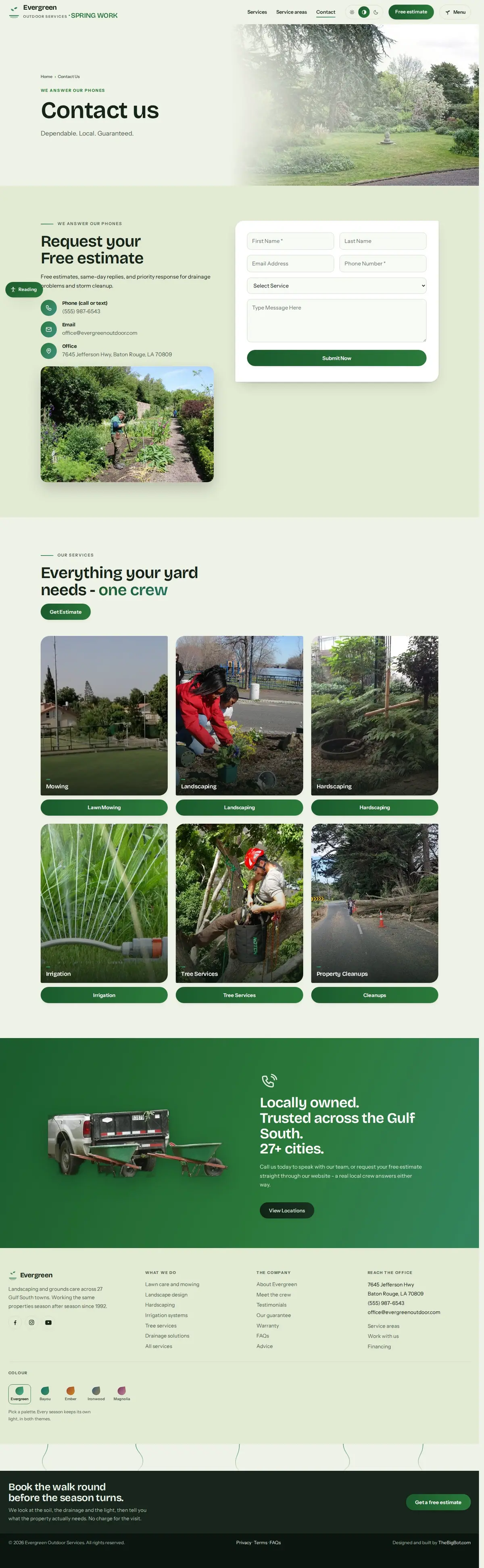The contact page of the Evergreen Outdoor Services landscaping website design