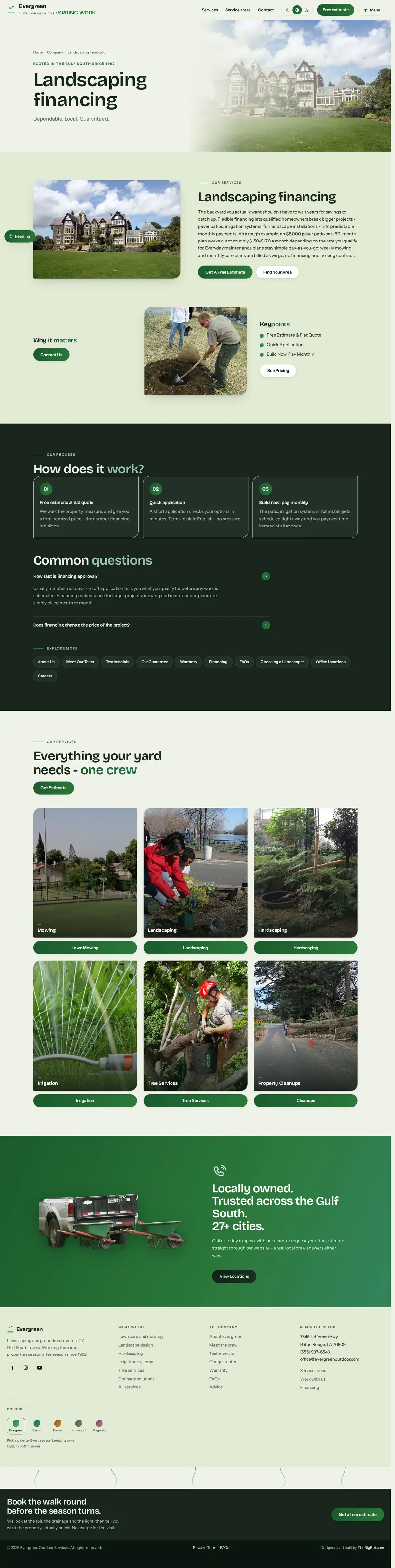 The financing page of the Evergreen Outdoor Services landscaping website design
