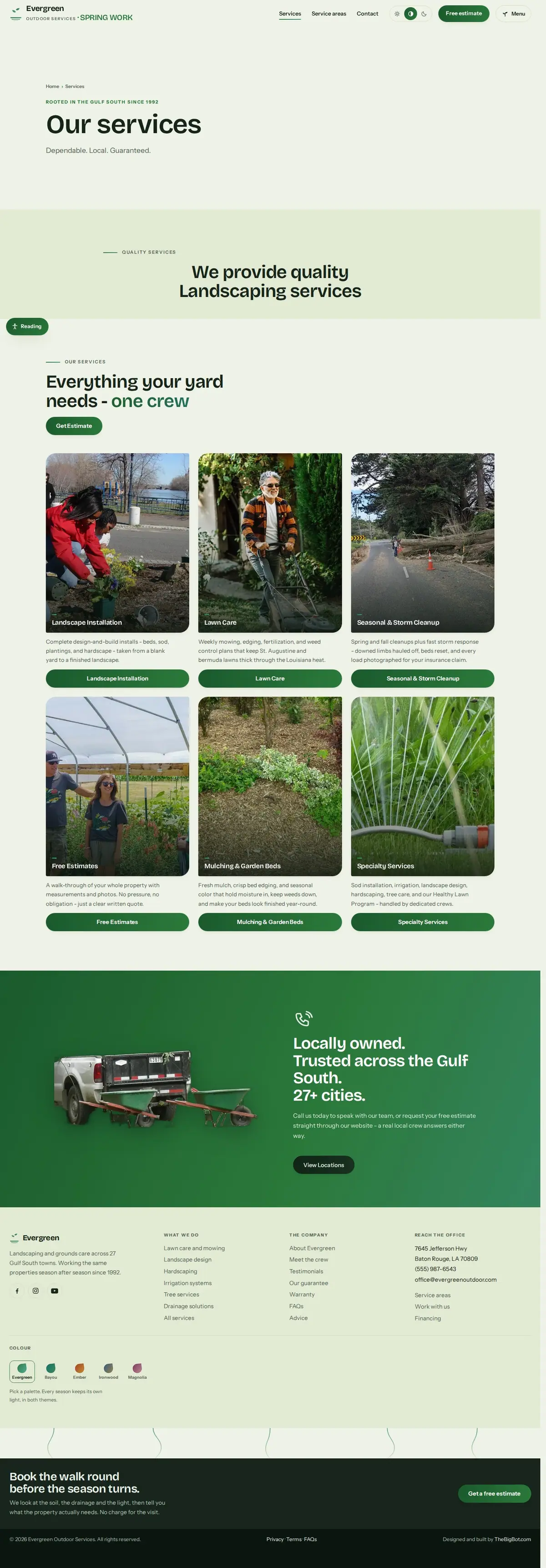 The services page of the Evergreen Outdoor Services landscaping website design